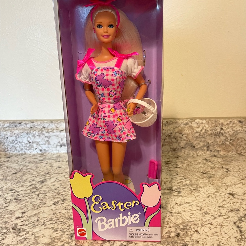 Vintage 1996 Barbie Easter Doll in Pink Patterned Dress